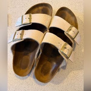Beige Birkenstock Double Strap Sandals with Gold Buckles
